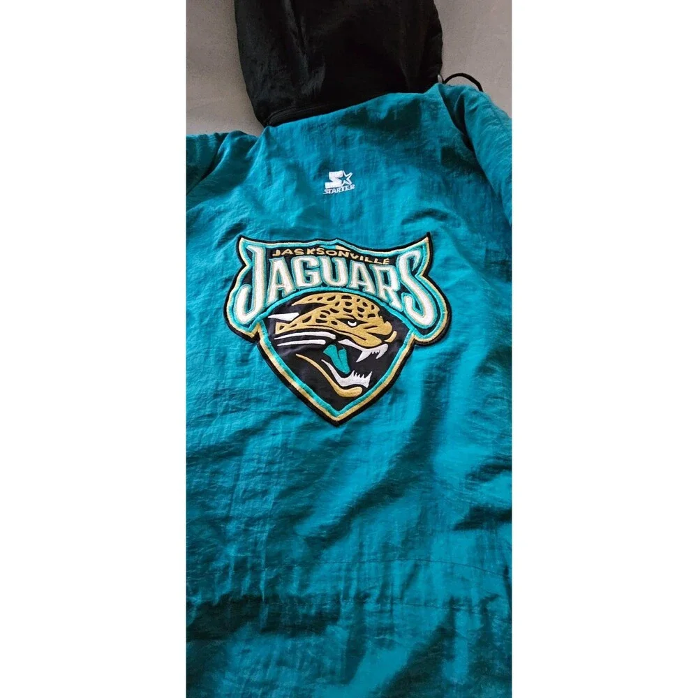 Vintage 90s Starter Jaguars NFL Parka Jacket XL Teal Puffer Banned Logo Hooded